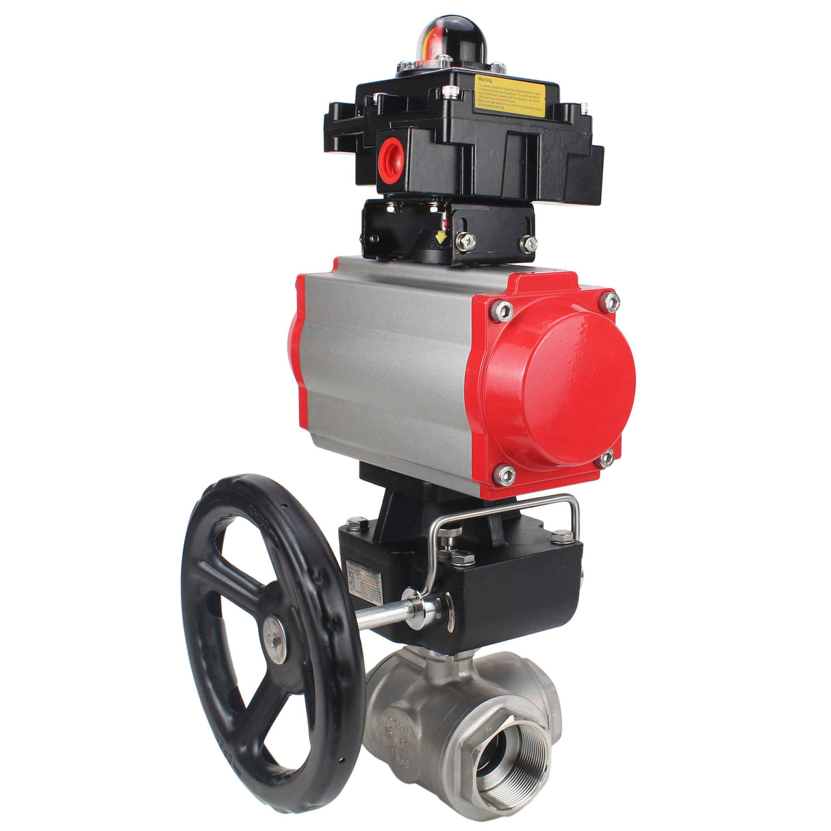 Stainless steel ball valve Elephant RP.SS316.200.MM.ISO 63 bar threaded, standard port, three way, L-type, body material - stainless steel AISI 316, pneumatic actuator DA, pneumatic distributor 4M310-08 220V, limit switch block APL-410N EX, manual