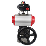 Stainless steel ball valve Elephant RP.SS316.200.MM.ISO 63 bar threaded, standard port, three way, L-type, body material - stainless steel AISI 316, pneumatic actuator DA, pneumatic distributor 4M310-08 220V, limit switch block APL-410N EX, manual