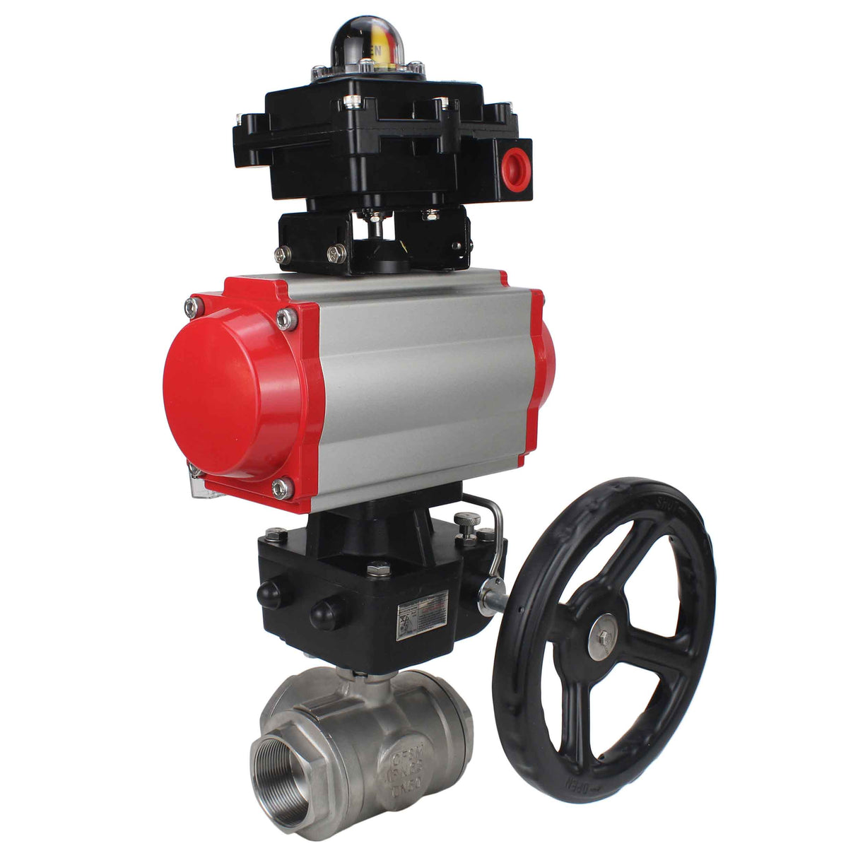 Stainless steel ball valve Elephant RP.SS316.200.MM.ISO 63 bar threaded, standard port, three way, L-type, body material - stainless steel AISI 316, pneumatic actuator DA, pneumatic distributor 4M310-08 220V, limit switch block APL-410N EX, manual