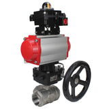 Stainless steel ball valve Elephant RP.SS316.200.MM.ISO 63 bar threaded, standard port, three way, L-type, body material - stainless steel AISI 316, pneumatic actuator DA, pneumatic distributor 4M310-08 220V, limit switch block APL-410N EX, manual