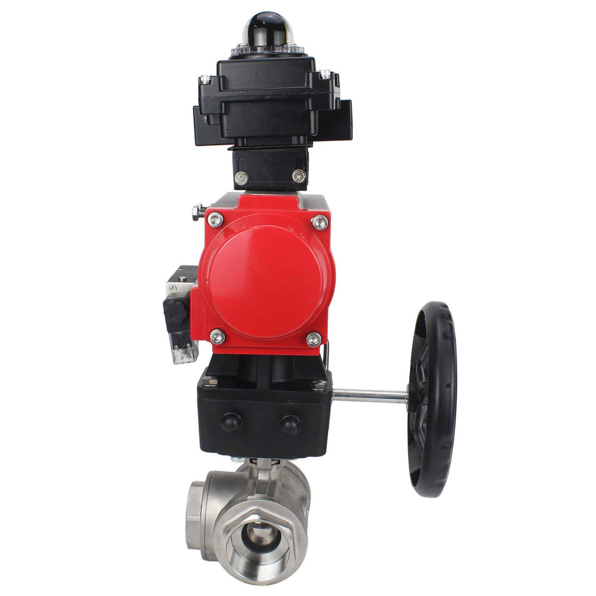 Stainless steel ball valve Elephant RP.SS316.200.MM.ISO 63 bar threaded, standard port, three way, L-type, body material - stainless steel AISI 316, pneumatic actuator DA, pneumatic distributor 4M310-08 220V, limit switch block APL-410N EX, manual