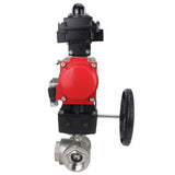 Stainless steel ball valve Elephant RP.SS316.200.MM.ISO 63 bar threaded, standard port, three way, L-type, body material - stainless steel AISI 316, pneumatic actuator DA, pneumatic distributor 4M310-08 220V, limit switch block APL-410N EX, manual