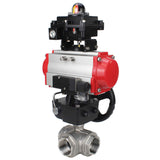 Stainless steel ball valve Elephant RP.SS316.200.MM.ISO 63 bar threaded, standard port, three way, L-type, body material - stainless steel AISI 316, pneumatic actuator DA, pneumatic distributor 4M310-08 220V, limit switch block APL-410N EX, manual