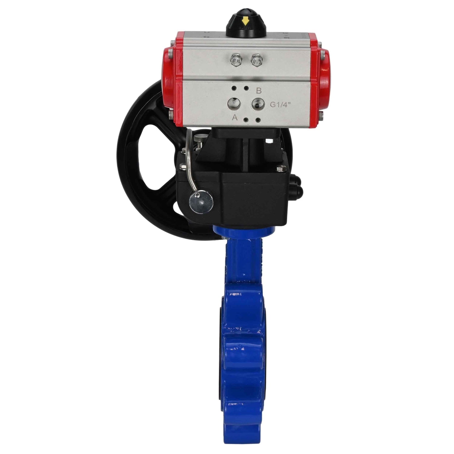 Vanne papillon d'eau Elephant WBV1631E-2W-Fb-H, matériau du corps - fonte QT450, matériau du disque - acier inoxydable AISI 304, joint - EPDM, avec actionneur pneumatique double effet PA-DA, volant MON