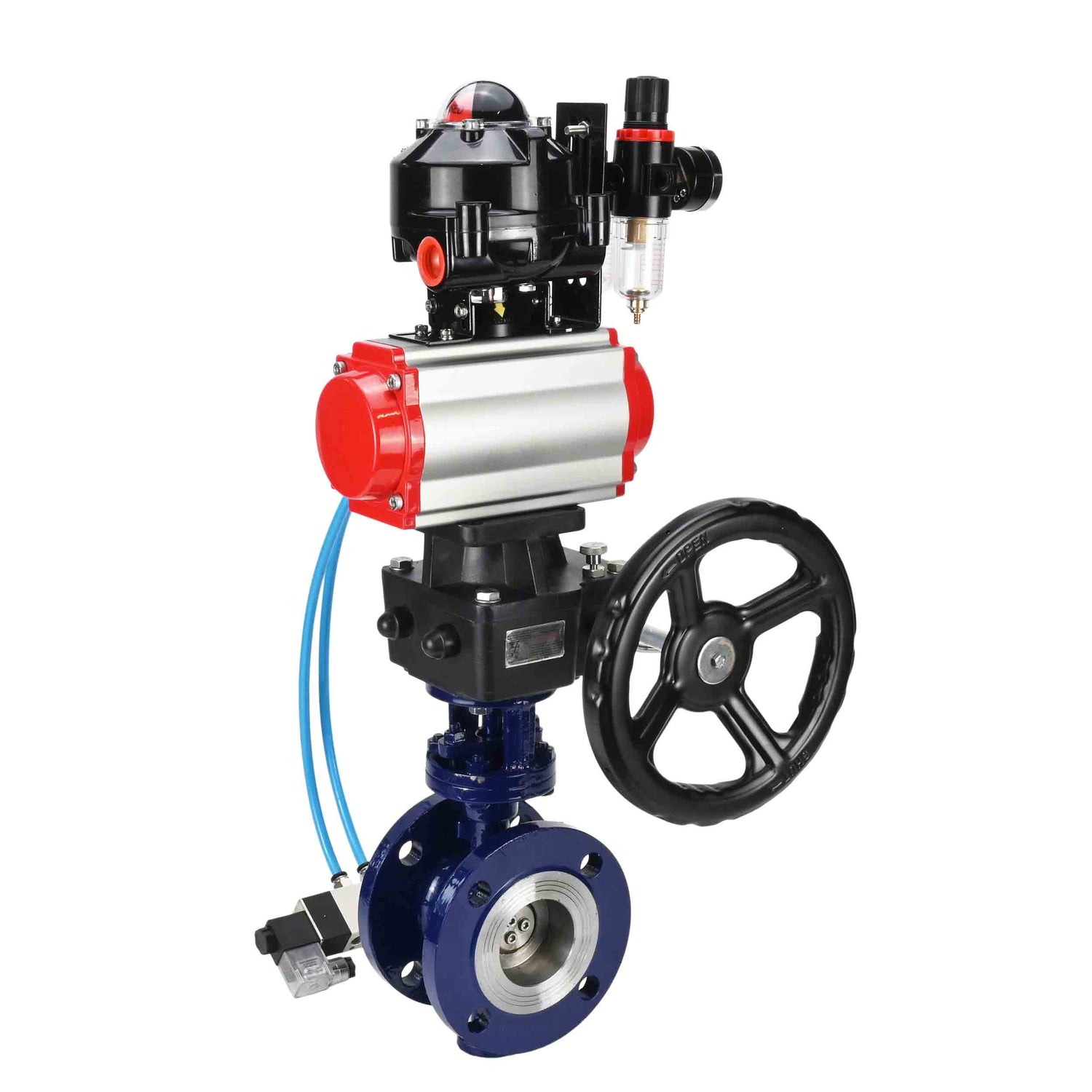 Vanne papillon d'eau Elephant WBV3EX-3432M-1W-F-ISO, matériau du corps - Acier au carbone, matériau du disque - Acier inoxydable AISI 316, joint - Métal, actionneur pneumatique PA-DA double action, 4V320-08 220V, BKV APL-510N EX, volant MON, BPV AFC2000