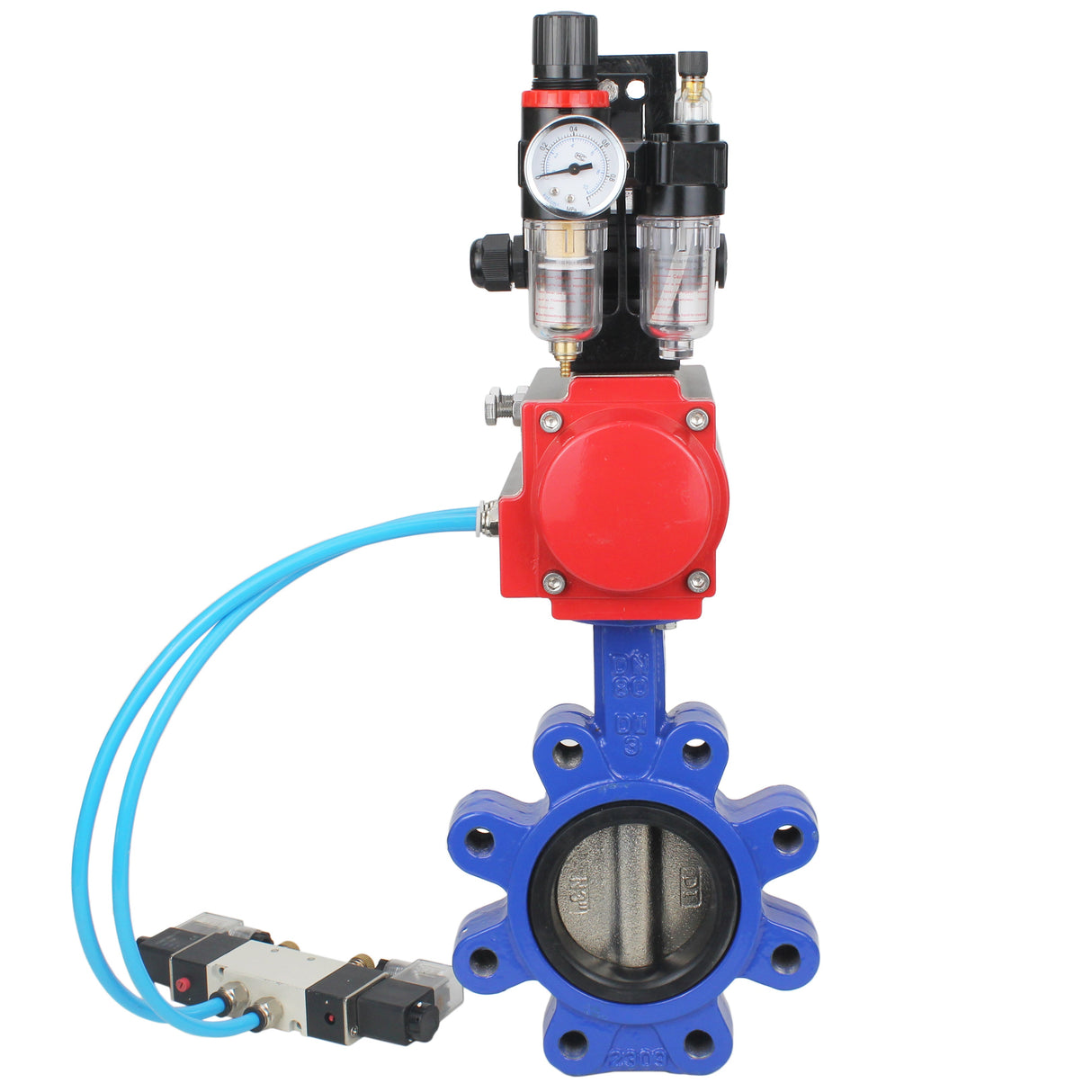 Vanne papillon d'eau Elephant WBV1616N-2W-Fb-H, matériau du corps - fonte QT450, matériau du disque - fonte QT450, joint - NBR, actionneur pneumatique PA-DA double action, 4V320-10 220V, BKV APL-210N BPV AFC2000