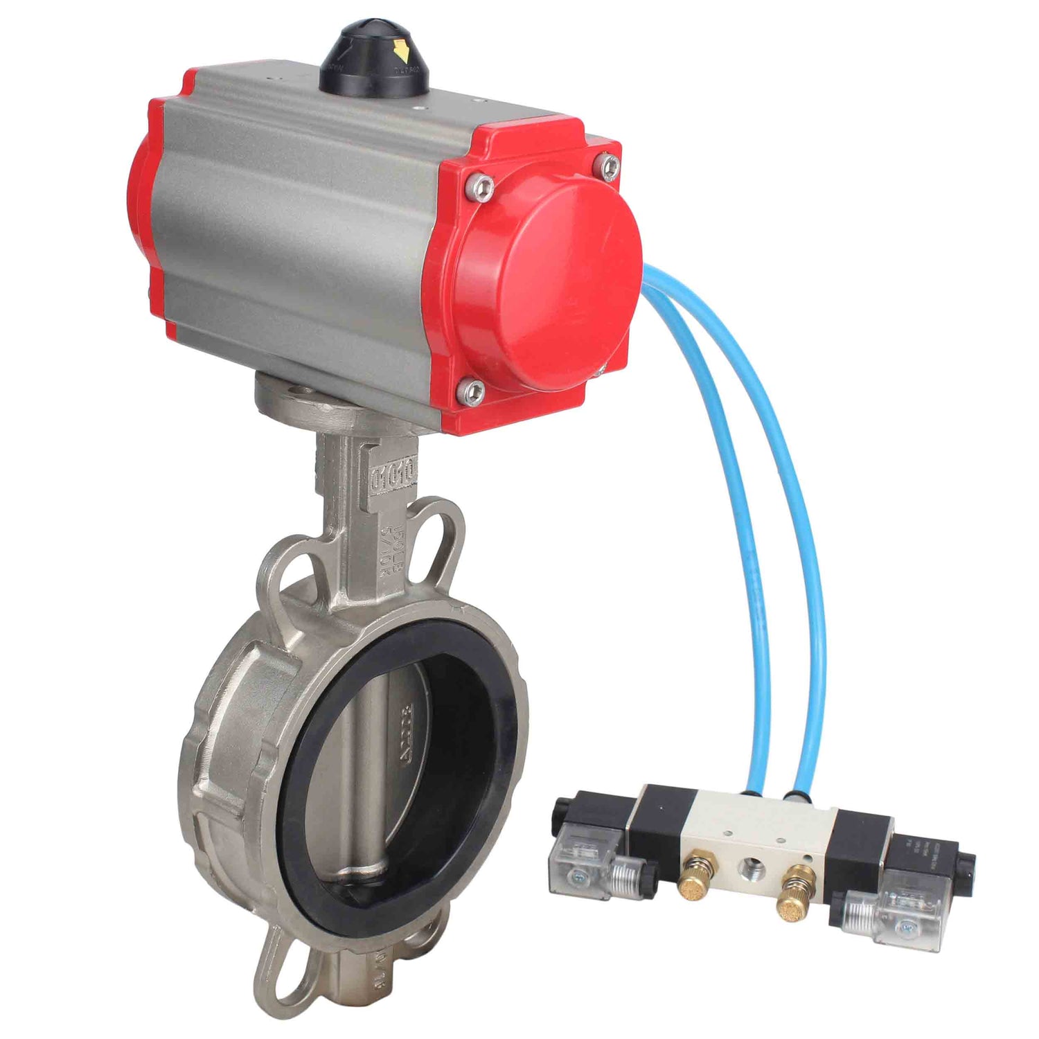 Vanne papillon d'eau Elephant WBV3131V-2W-Fb-H, matériau du corps - Acier inoxydable AISI 304, matériau du disque - Acier inoxydable AISI 304, joint - Viton, actionneur pneumatique PA-SA avec ressorts de rappel, 4V320-10 220V
