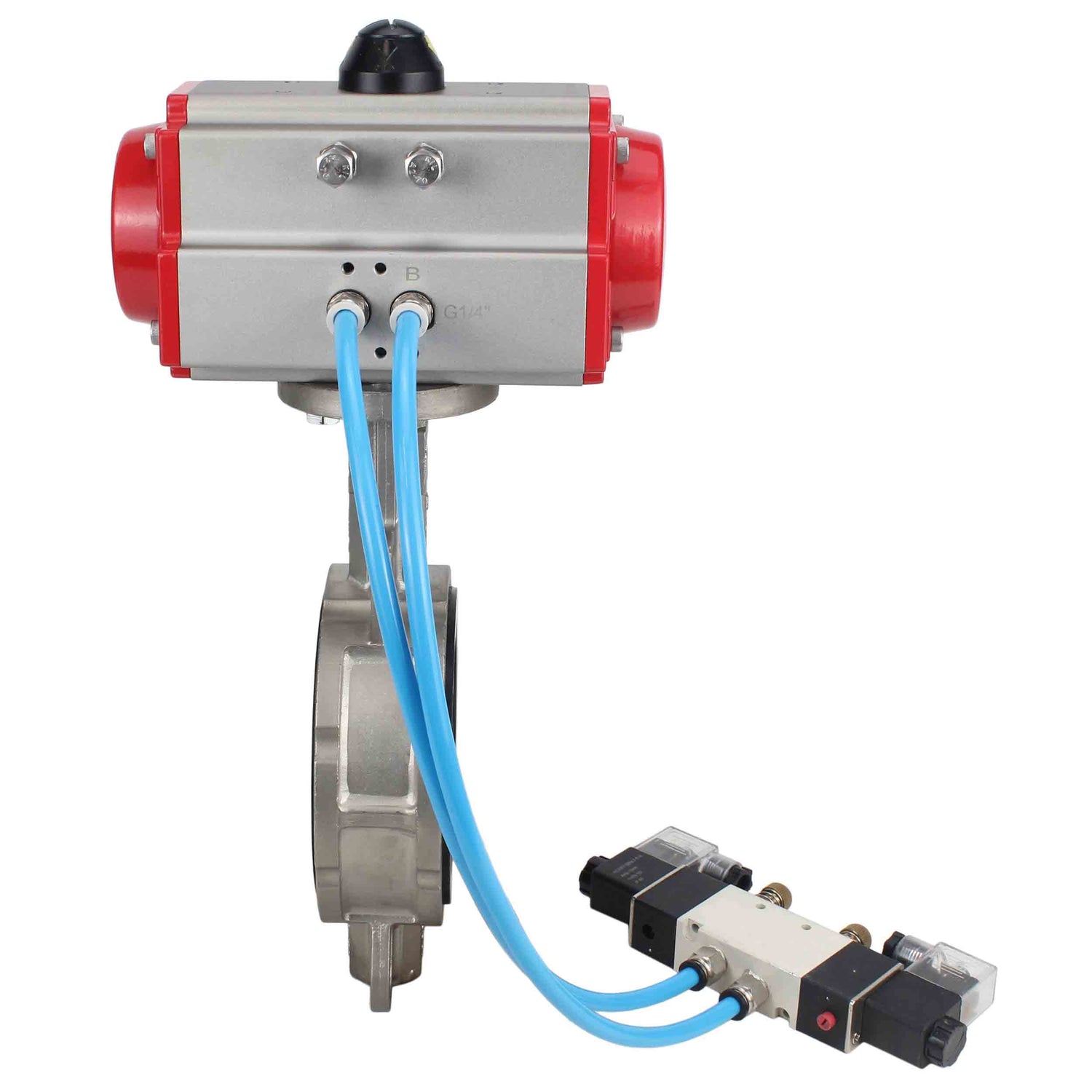 Vanne papillon d'eau Elephant WBV3131N-2W-Fb-H, matériau du corps - Acier inoxydable AISI 304, matériau du disque - Acier inoxydable AISI 304, joint - NBR, actionneur pneumatique PA-DA double action, 4V320-08 220V