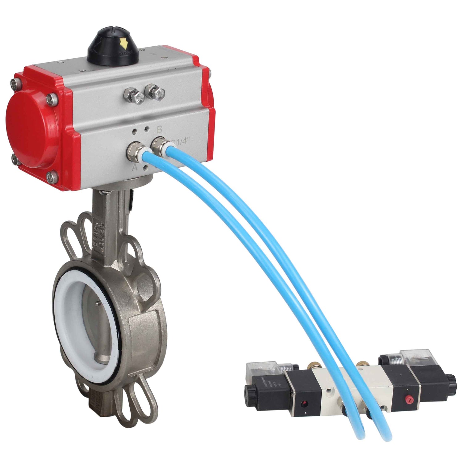 Vanne papillon d'eau Elephant WBV3131P-2W-Fb-H, matériau du corps - Acier inoxydable AISI 304, matériau du disque - Acier inoxydable AISI 304, joint - PTFE, actionneur pneumatique PA-SA avec ressorts de rappel, 4V320-10 220V