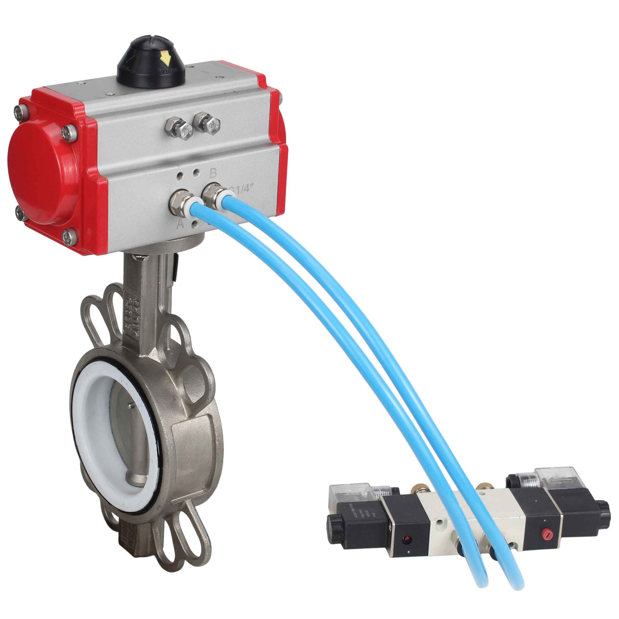 Vanne papillon d'eau Elephant WBV3131P-2W-Fb-H, matériau du corps - Acier inoxydable AISI 304, matériau du disque - Acier inoxydable AISI 304, joint - PTFE, actionneur pneumatique PA-DA double action, 4V320-10 220V