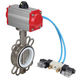 Vanne papillon d'eau Elephant WBV3131P-2W-Fb-H, matériau du corps - Acier inoxydable AISI 304, matériau du disque - Acier inoxydable AISI 304, joint - PTFE, actionneur pneumatique PA-SA avec ressorts de rappel, 4V320-08 220V