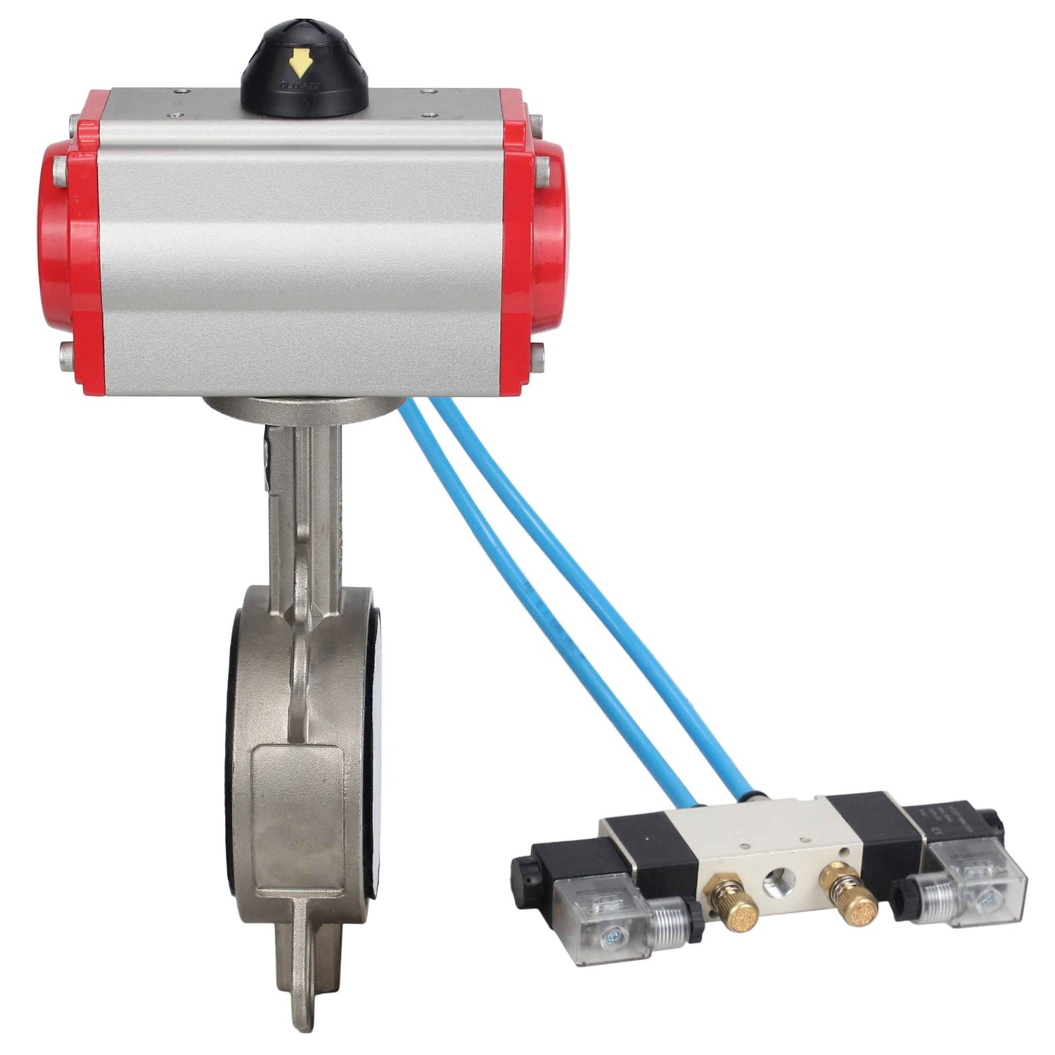 Vanne papillon d'eau Elephant WBV3131P-2W-Fb-H, matériau du corps - Acier inoxydable AISI 304, matériau du disque - Acier inoxydable AISI 304, joint - PTFE, actionneur pneumatique PA-SA avec ressorts de rappel, 4V320-10 220V