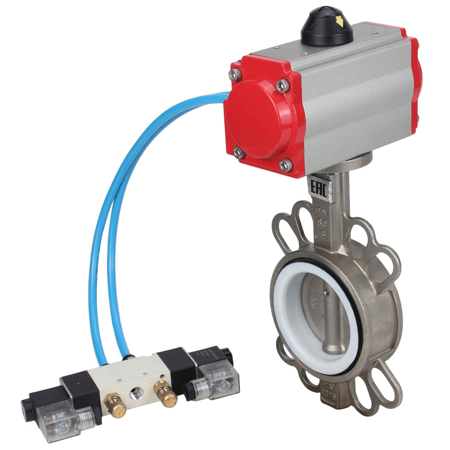 Vanne papillon d'eau Elephant WBV3131P-2W-Fb-H, matériau du corps - Acier inoxydable AISI 304, matériau du disque - Acier inoxydable AISI 304, joint - PTFE, actionneur pneumatique PA-DA double action, 4V320-08 220V