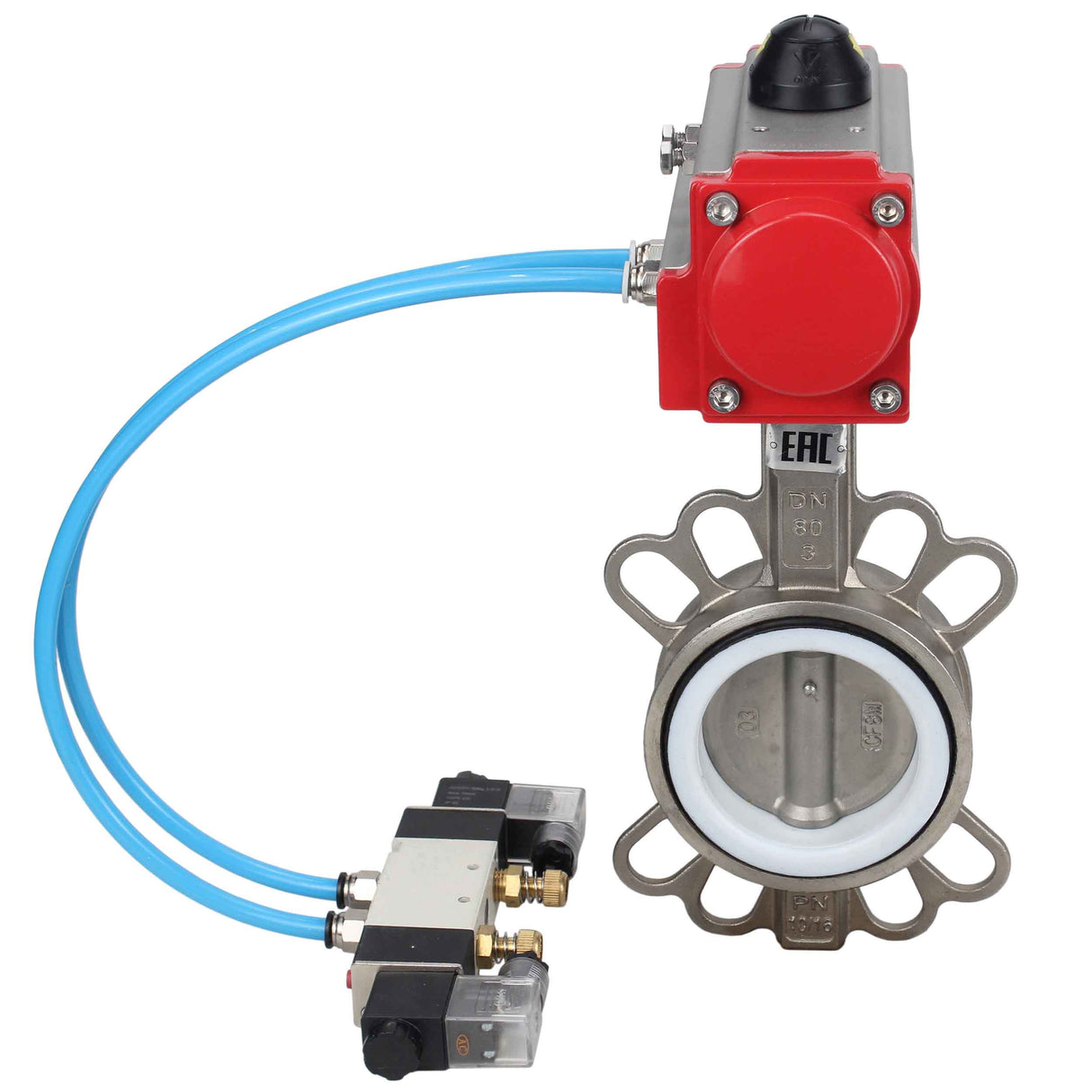 Vanne papillon d'eau Elephant WBV3131P-2W-Fb-H, matériau du corps - Acier inoxydable AISI 304, matériau du disque - Acier inoxydable AISI 304, joint - PTFE, actionneur pneumatique PA-DA double action, 4V320-10 220V