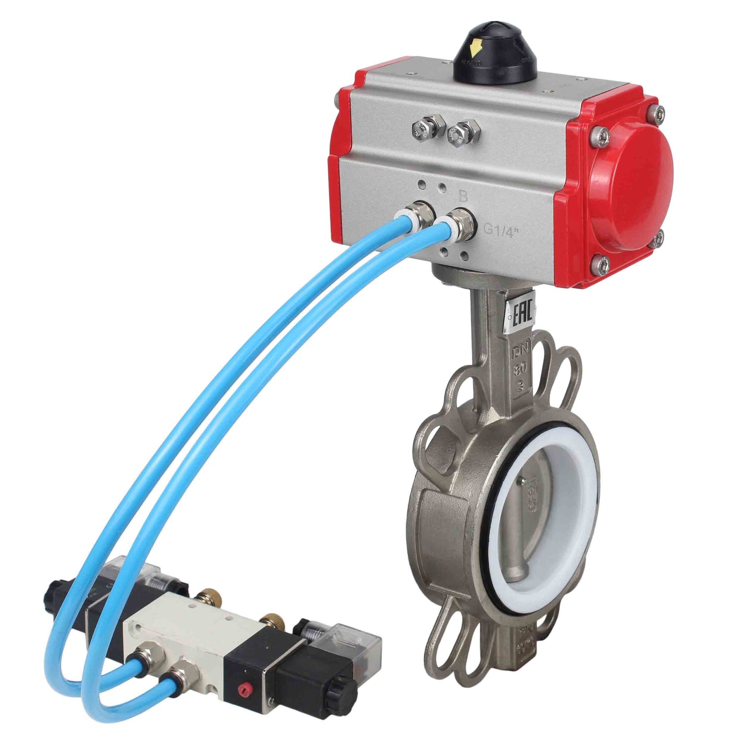 Vanne papillon d'eau Elephant WBV3131P-2W-Fb-H, matériau du corps - Acier inoxydable AISI 304, matériau du disque - Acier inoxydable AISI 304, joint - PTFE, actionneur pneumatique PA-DA double action, 4V320-08 220V