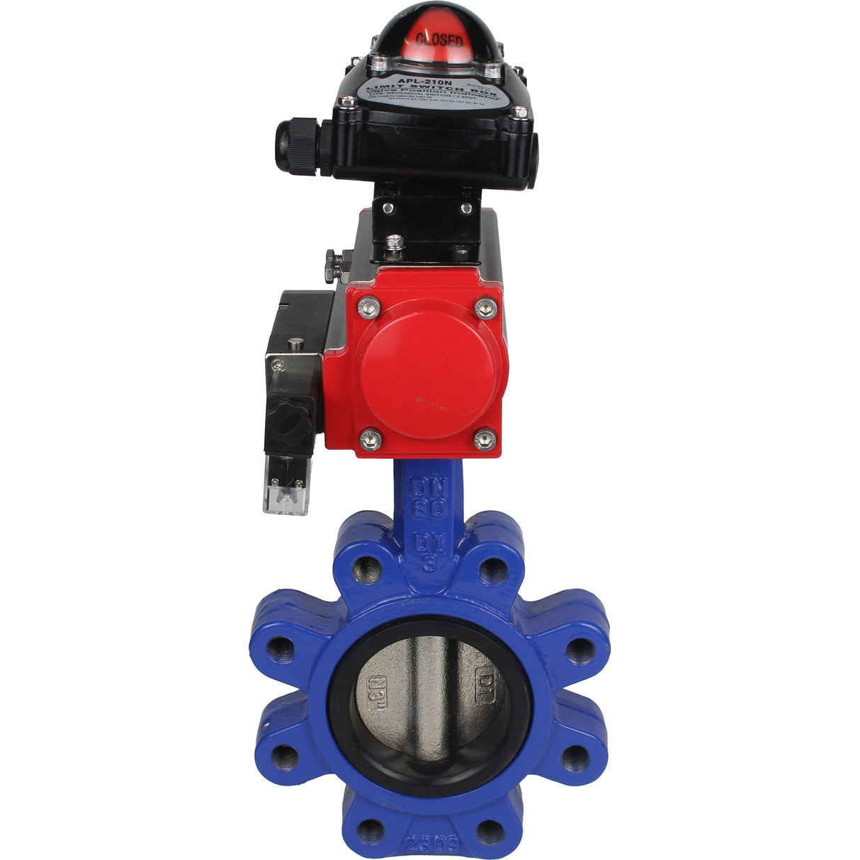 Vanne papillon d'eau Elephant WBV1616E-2W-Fb-H, matériau du corps - fonte QT450, matériau du disque - fonte QT450, joint - EPDM, actionneur pneumatique PA-DA double action, 4M310-08 220V, BKV APL-210N