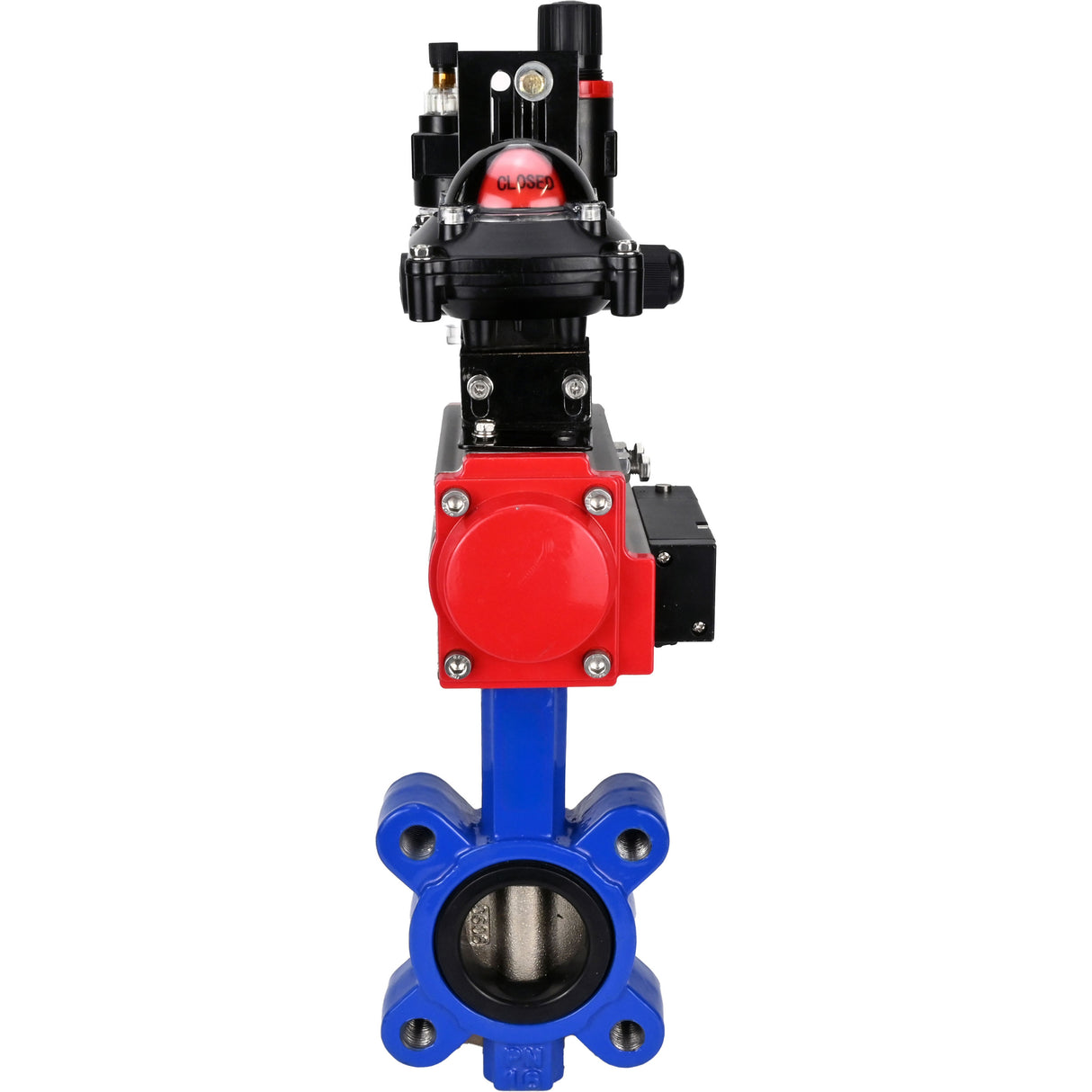 Vanne papillon d'eau Elephant WBV1616E-2W-Fb-H, matériau du corps - fonte QT450, matériau du disque - fonte QT450, joint - EPDM, actionneur pneumatique PA-SA avec ressorts de rappel, 4M310-08 220V, BKV APL-210N BPV AFC2000