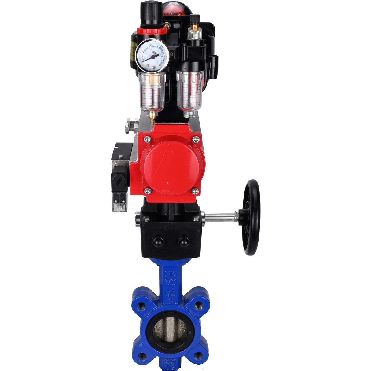 Vanne papillon d'eau Elephant WBV1616N-2W-Fb-H, matériau du corps - fonte QT450, matériau du disque - fonte QT450, joint - NBR, actionneur pneumatique PA-DA double action, 4M310-08 220V, BKV APL-510N EX, volant MON, BPV AFC2000