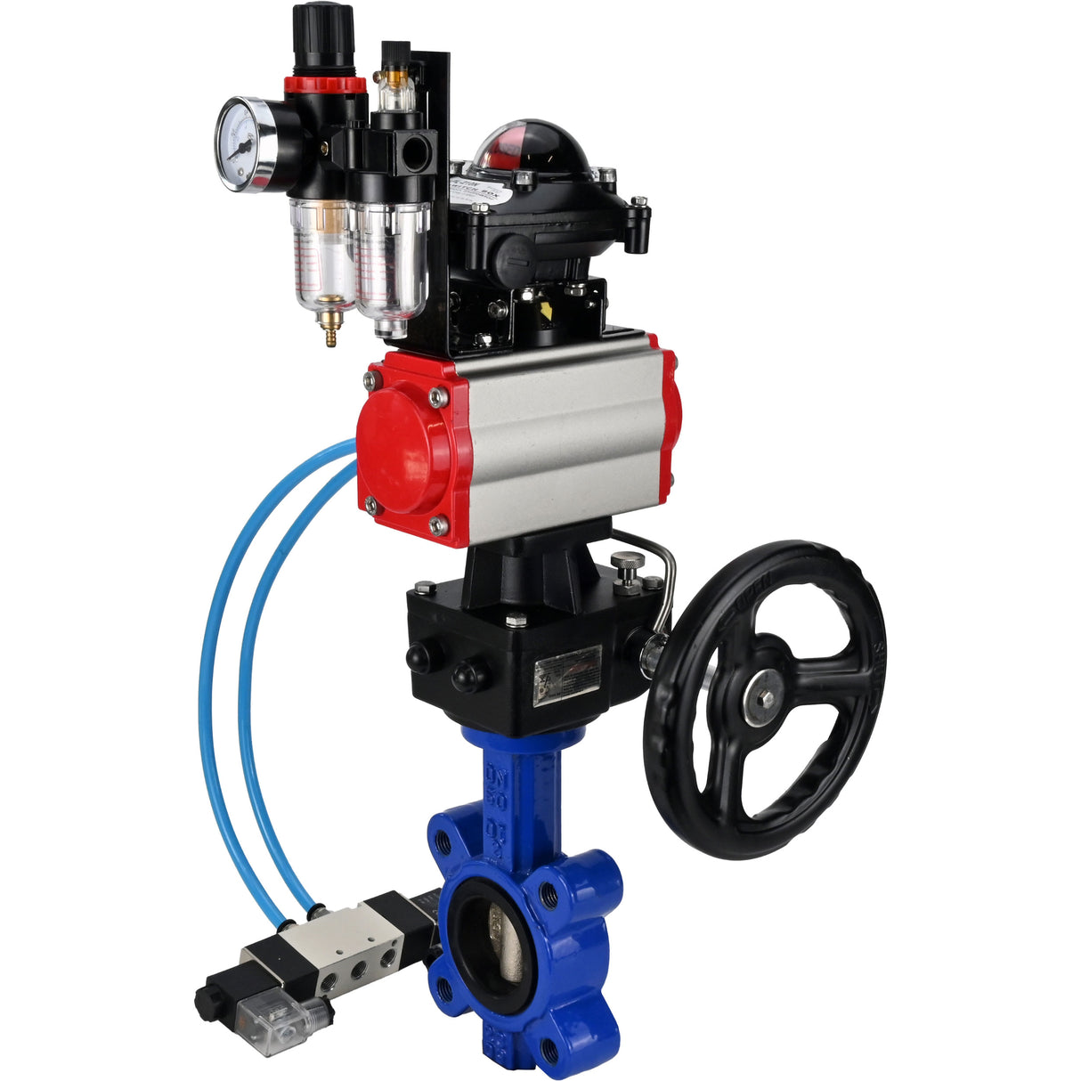 Vanne papillon d'eau Elephant WBV1616N-2W-Fb-H, matériau du corps - fonte QT450, matériau du disque - fonte QT450, joint - NBR, actionneur pneumatique PA-DA double action, 4V320-08 220V, BKV APL-210N, volant MON, BPV AFC2000