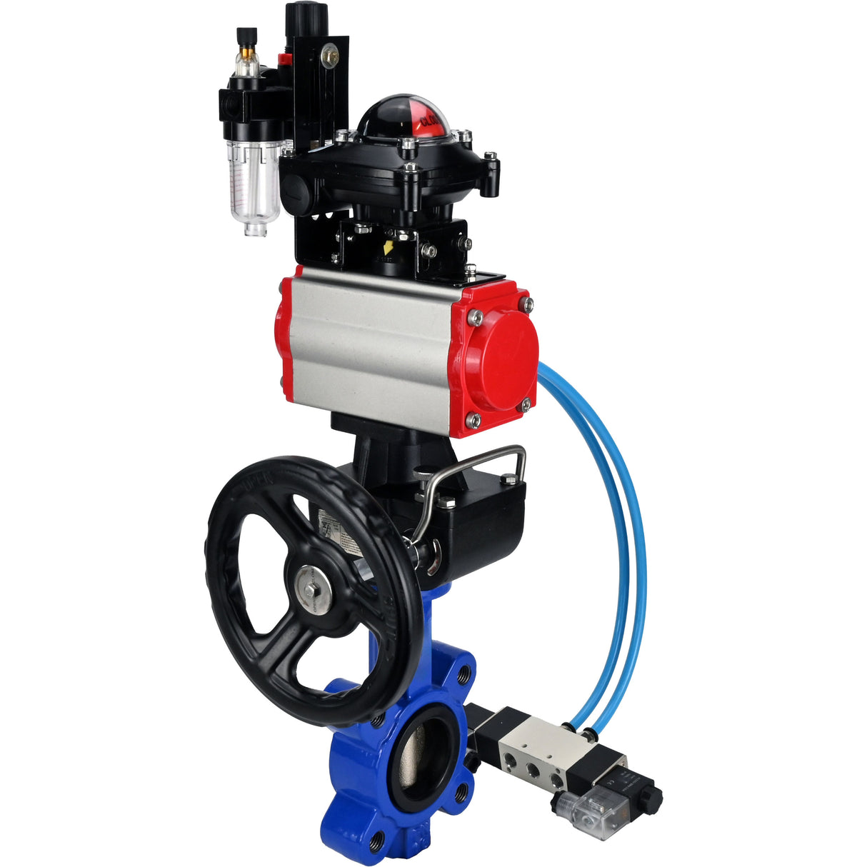 Vanne papillon d'eau Elephant WBV1616N-2W-Fb-H, matériau du corps - fonte QT450, matériau du disque - fonte QT450, joint - NBR, actionneur pneumatique PA-DA double action, 4V320-08 220V, BKV APL-210N, volant MON, BPV AFC2000