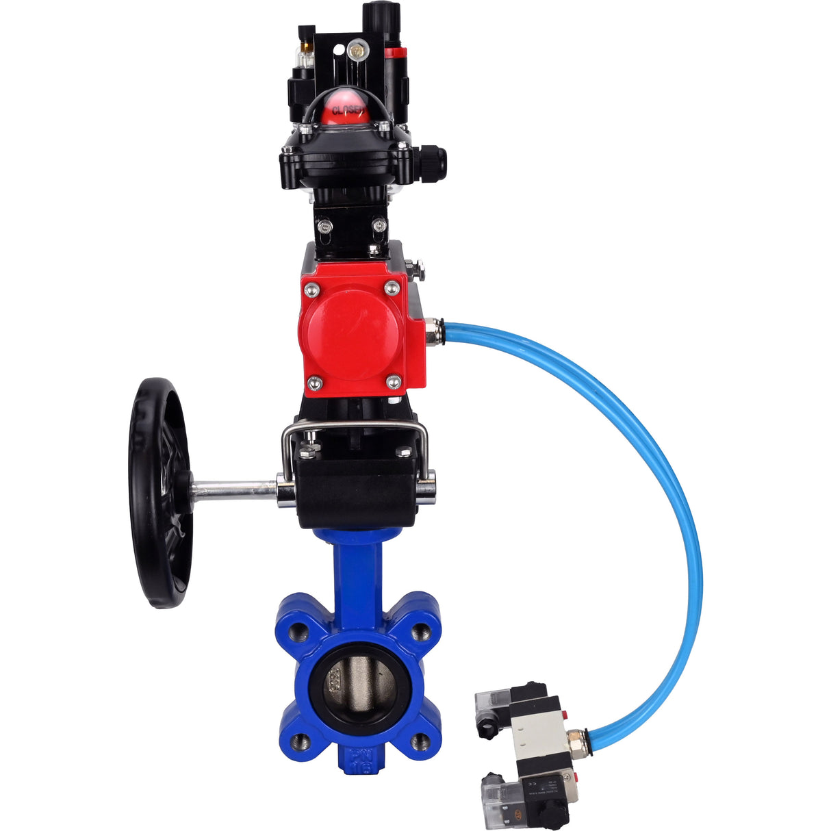 Vanne papillon d'eau Elephant WBV1616N-2W-Fb-H, matériau du corps - fonte QT450, matériau du disque - fonte QT450, joint - NBR, actionneur pneumatique PA-DA double action, 4V320-08 220V, BKV APL-210N, volant MON, BPV AFC2000