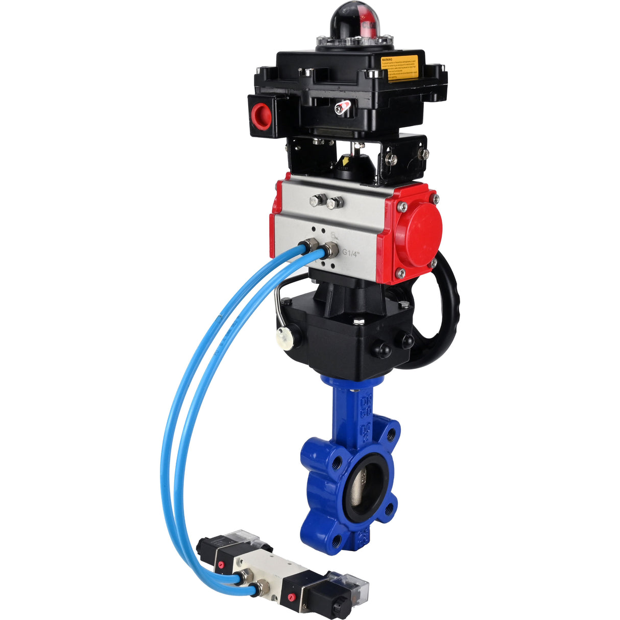 Vanne papillon d'eau Elephant WBV1616N-2W-Fb-H, matériau du corps - fonte QT450, matériau du disque - fonte QT450, joint - NBR, actionneur pneumatique PA-DA double action, 4V320-10 220V, BKV APL-410N EX, volant MON