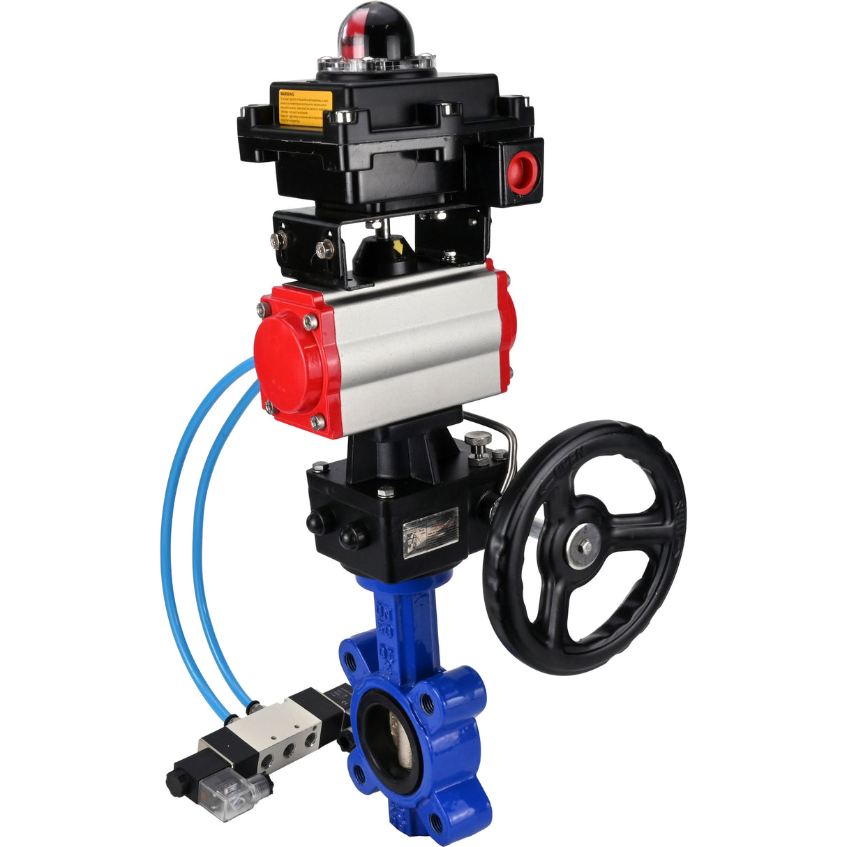 Vanne papillon d'eau Elephant WBV1616N-2W-Fb-H, matériau du corps - fonte QT450, matériau du disque - fonte QT450, joint - NBR, actionneur pneumatique PA-DA double action, 4V320-10 220V, BKV APL-410N EX, volant MON
