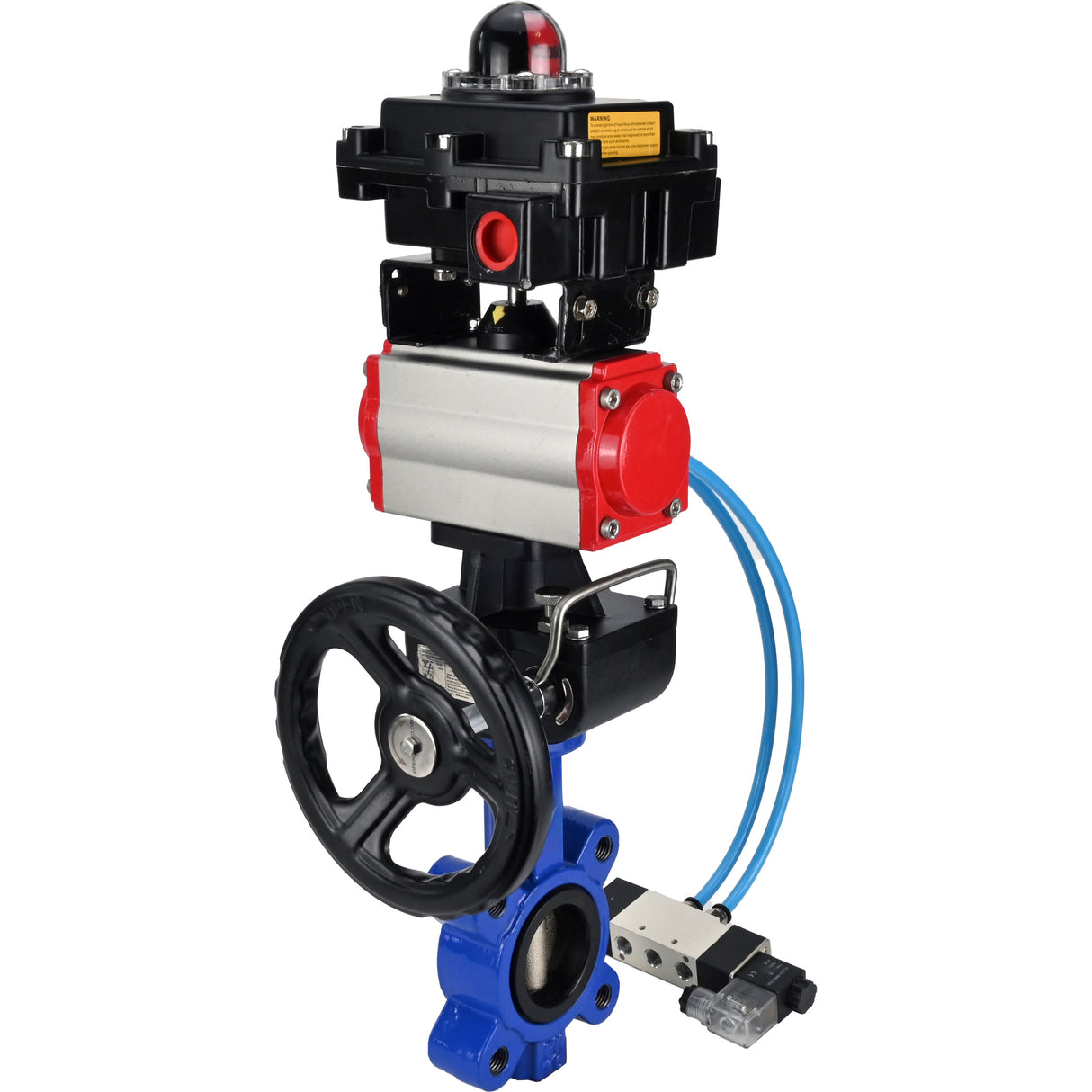 Vanne papillon d'eau Elephant WBV1616N-2W-Fb-H, matériau du corps - fonte QT450, matériau du disque - fonte QT450, joint - NBR, actionneur pneumatique PA-DA double action, 4V320-10 220V, BKV APL-410N EX, volant MON
