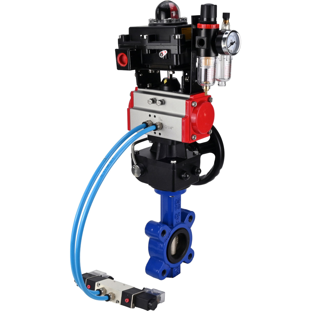Vanne papillon d'eau Elephant WBV1616N-2W-Fb-H, matériau du corps - fonte QT450, matériau du disque - fonte QT450, joint - NBR, actionneur pneumatique PA-DA double action, 4V320-08 220V, BKV APL-410N EX, volant MON, BPV AFC2000