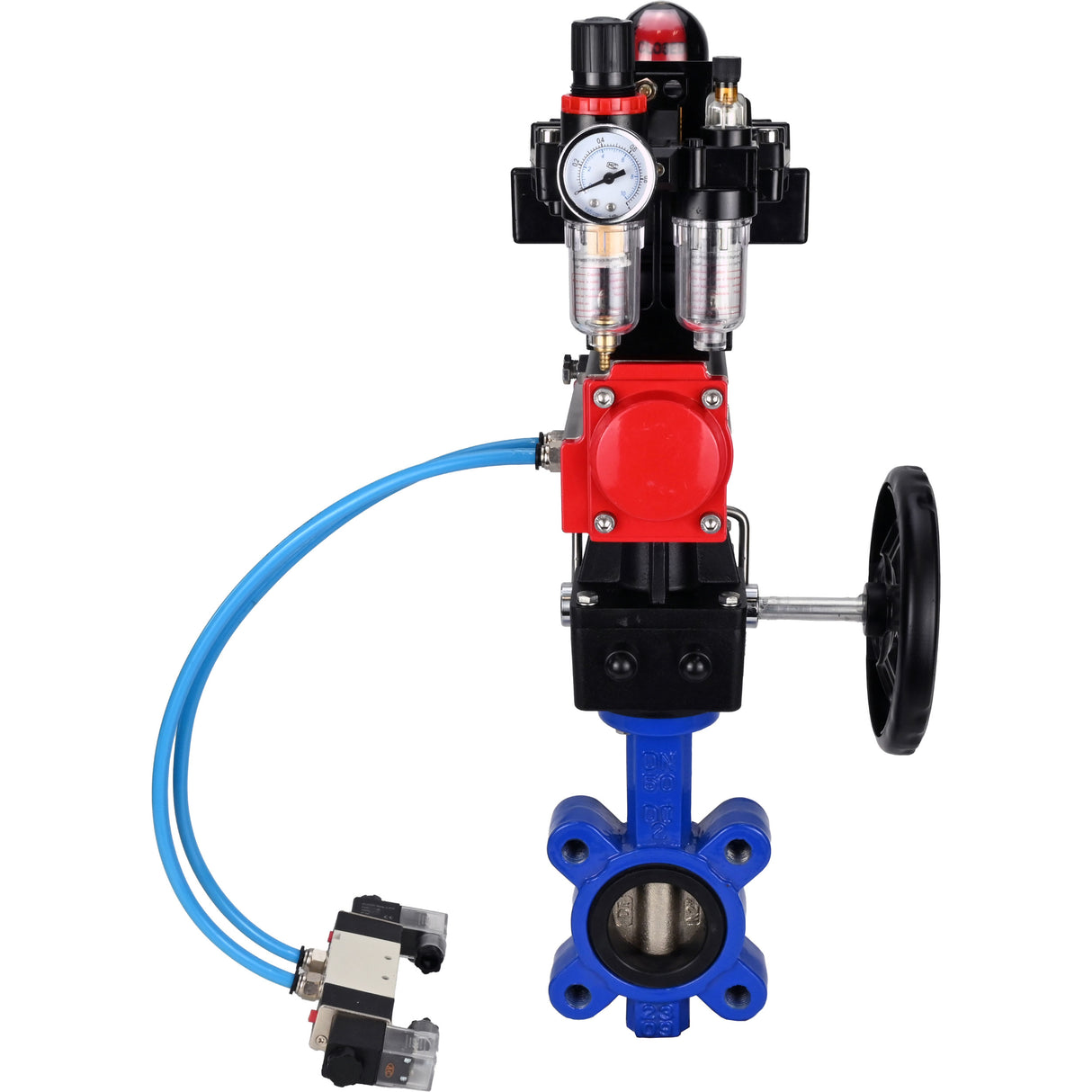 Vanne papillon d'eau Elephant WBV1616N-2W-Fb-H, matériau du corps - fonte QT450, matériau du disque - fonte QT450, joint - NBR, actionneur pneumatique PA-DA double action, 4V320-08 220V, BKV APL-410N EX, volant MON, BPV AFC2000