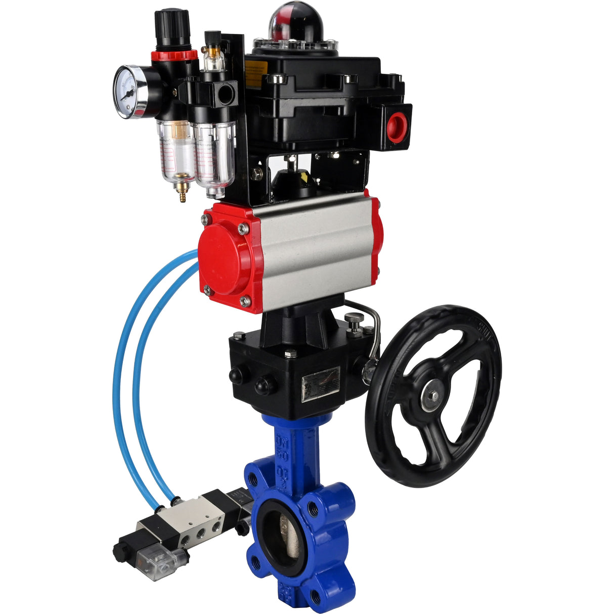 Vanne papillon d'eau Elephant WBV1616N-2W-Fb-H, matériau du corps - fonte QT450, matériau du disque - fonte QT450, joint - NBR, actionneur pneumatique PA-DA double action, 4V320-08 220V, BKV APL-410N EX, volant MON, BPV AFC2000