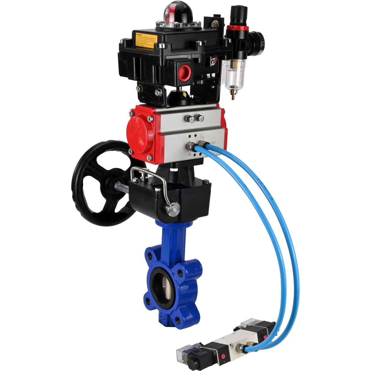 Vanne papillon d'eau Elephant WBV1616N-2W-Fb-H, matériau du corps - fonte QT450, matériau du disque - fonte QT450, joint - NBR, actionneur pneumatique PA-DA double action, 4V320-08 220V, BKV APL-410N EX, volant MON, BPV AFC2000