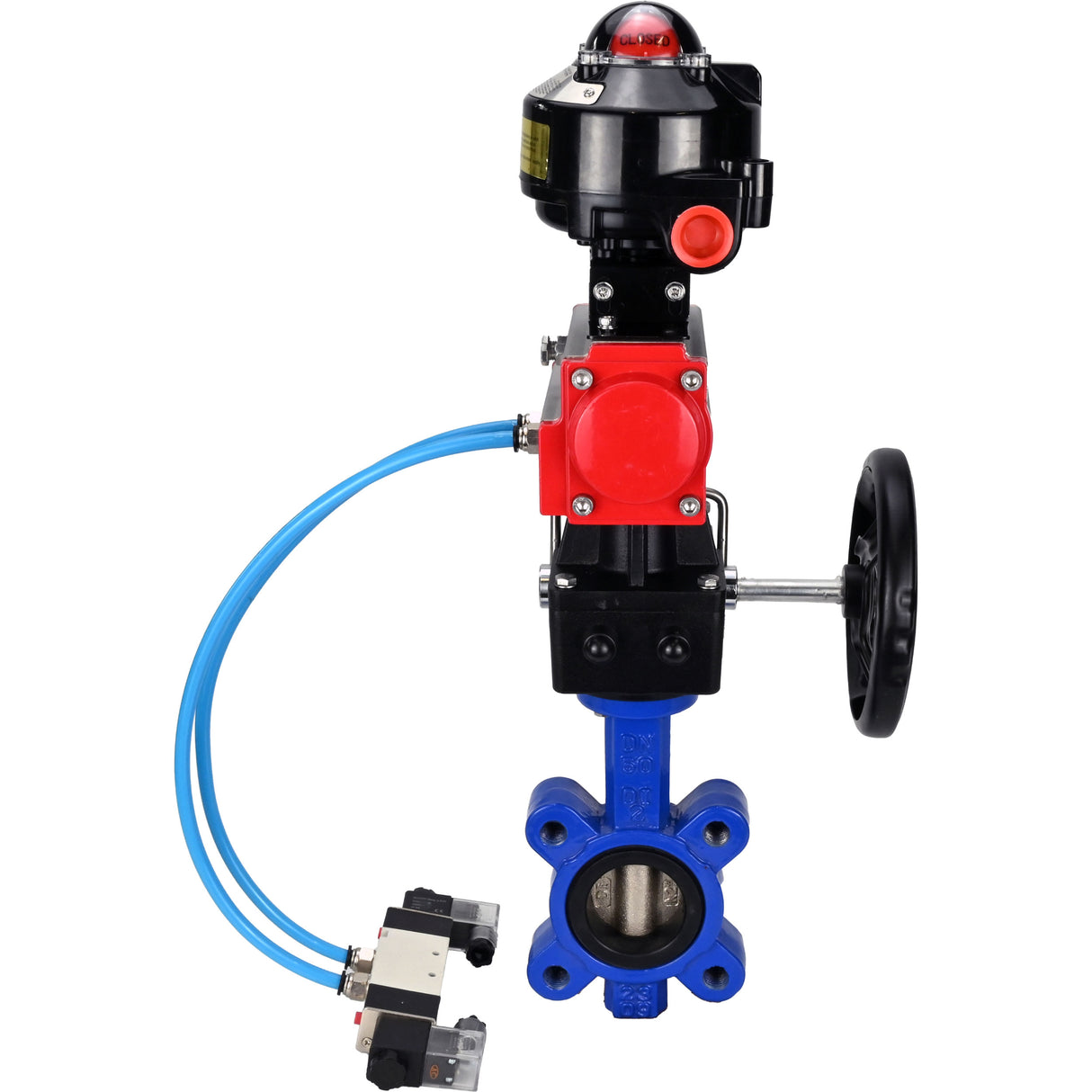 Vanne papillon d'eau Elephant WBV1616N-2W-Fb-H, matériau du corps - fonte QT450, matériau du disque - fonte QT450, joint - NBR, actionneur pneumatique PA-DA double action, 4V320-08 220V, BKV APL-510N EX, volant MON,