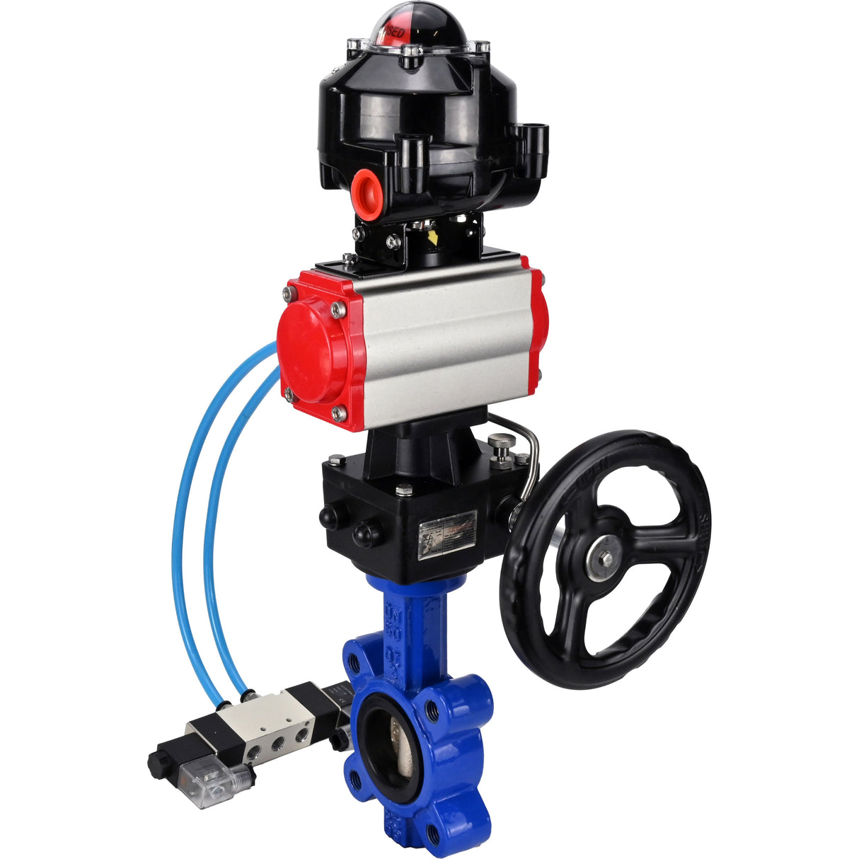 Vanne papillon d'eau Elephant WBV1616N-2W-Fb-H, matériau du corps - fonte QT450, matériau du disque - fonte QT450, joint - NBR, actionneur pneumatique PA-DA double action, 4V320-08 220V, BKV APL-510N EX, volant MON,