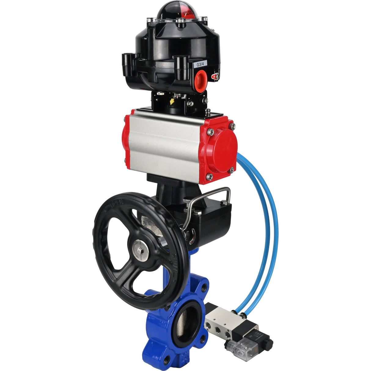 Vanne papillon d'eau Elephant WBV1616N-2W-Fb-H, matériau du corps - fonte QT450, matériau du disque - fonte QT450, joint - NBR, actionneur pneumatique PA-DA double action, 4V320-08 220V, BKV APL-510N EX, volant MON,