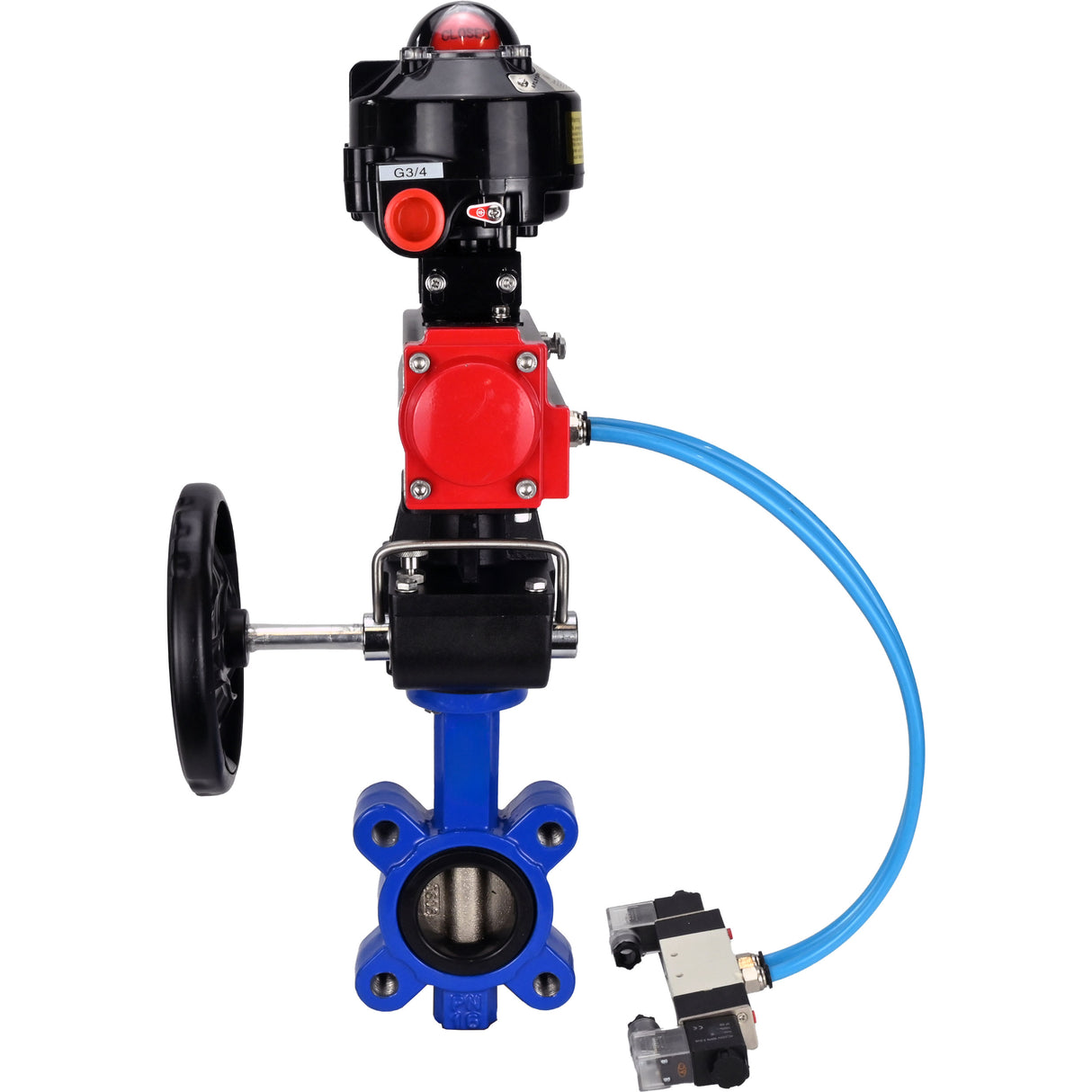 Vanne papillon d'eau Elephant WBV1616N-2W-Fb-H, matériau du corps - fonte QT450, matériau du disque - fonte QT450, joint - NBR, actionneur pneumatique PA-DA double action, 4V320-08 220V, BKV APL-510N EX, volant MON,