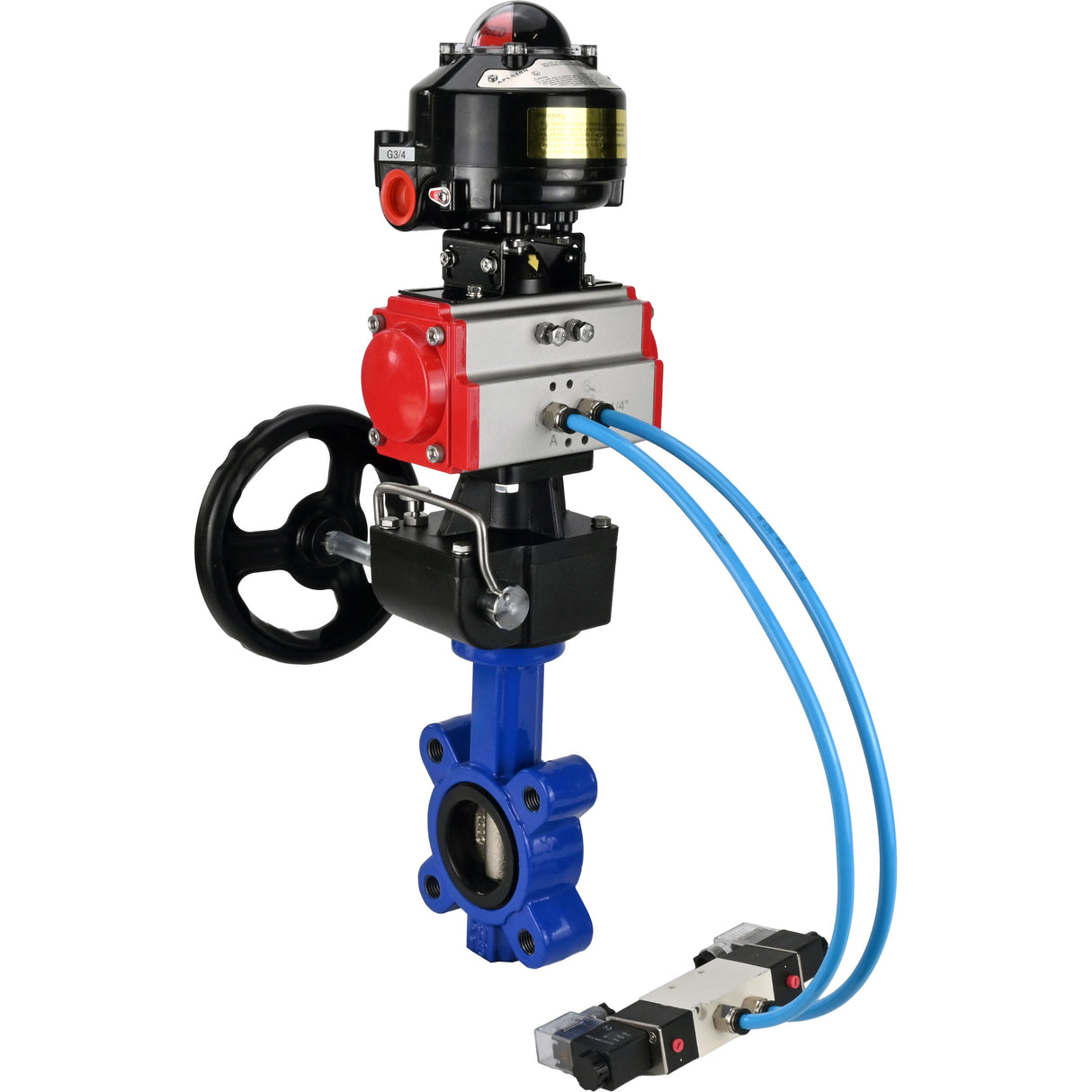 Vanne papillon d'eau Elephant WBV1616N-2W-Fb-H, matériau du corps - fonte QT450, matériau du disque - fonte QT450, joint - NBR, actionneur pneumatique PA-DA double action, 4V320-08 220V, BKV APL-510N EX, volant MON,
