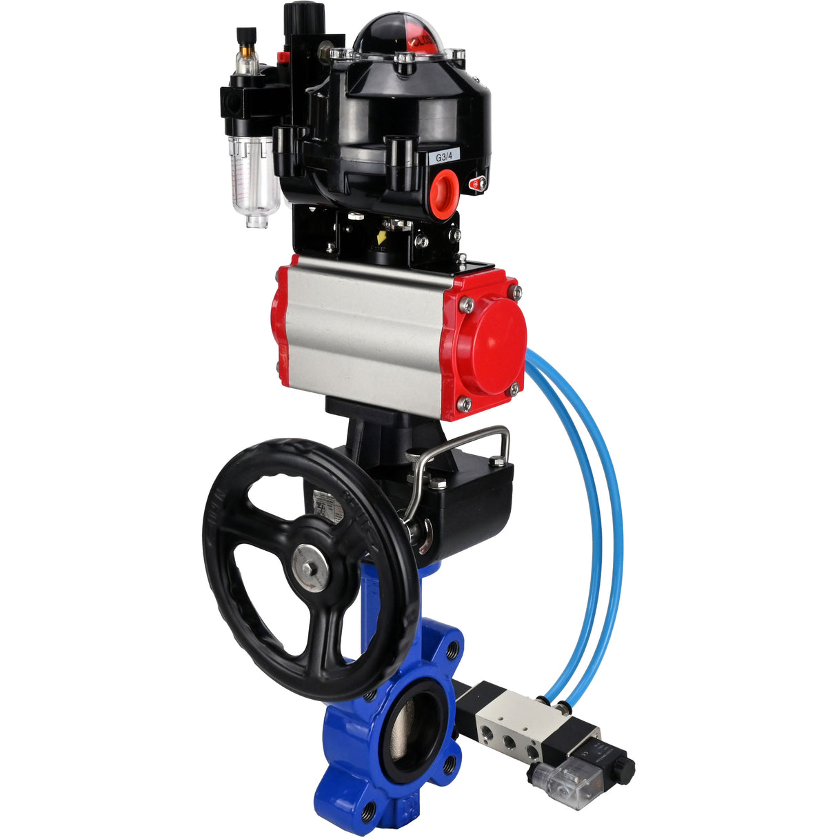 Vanne papillon d'eau Elephant WBV1616N-2W-Fb-H, matériau du corps - fonte QT450, matériau du disque - fonte QT450, joint - NBR, actionneur pneumatique PA-DA double action, 4V320-10 220V, BKV APL-510N EX, volant MON, BPV AFC2000
