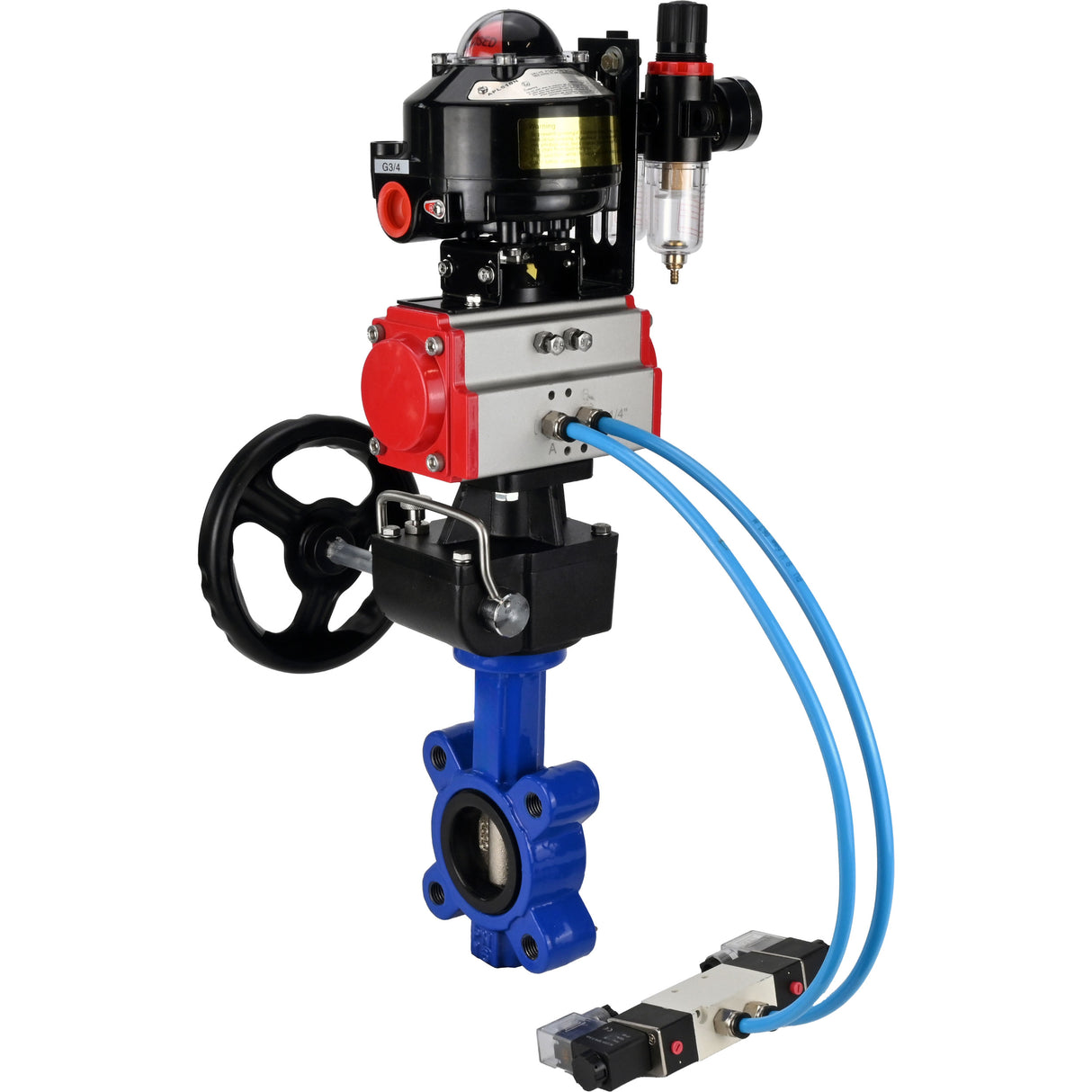 Vanne papillon d'eau Elephant WBV1616N-2W-Fb-H, matériau du corps - fonte QT450, matériau du disque - fonte QT450, joint - NBR, actionneur pneumatique PA-DA double action, 4V320-10 220V, BKV APL-510N EX, volant MON, BPV AFC2000