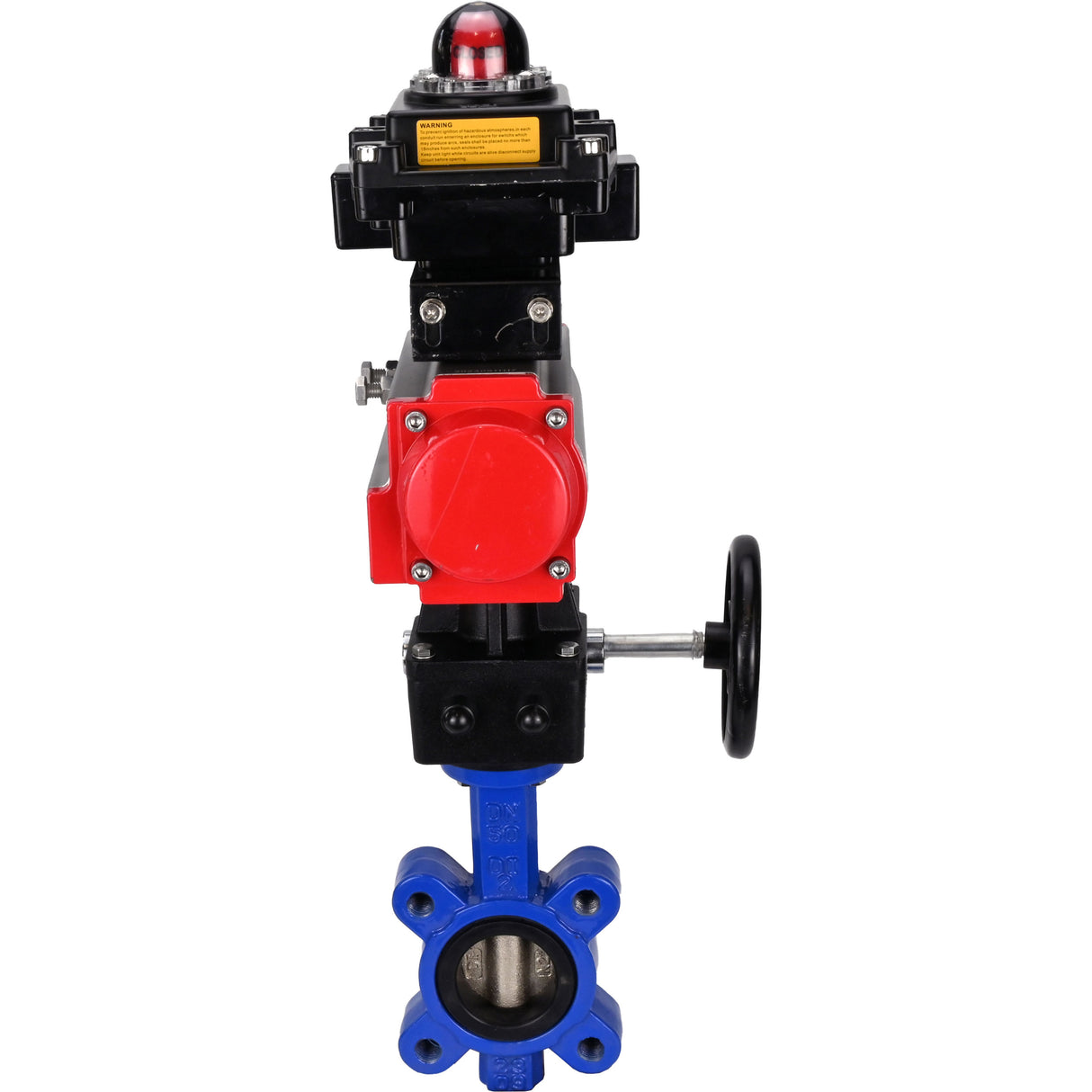 Vanne papillon d'eau Elephant WBV1616N-2W-Fb-H, matériau du corps - fonte QT450, matériau du disque - fonte QT450, joint - NBR, avec actionneur pneumatique double effet PA-DA, volant MON, BKV APL-410N EX