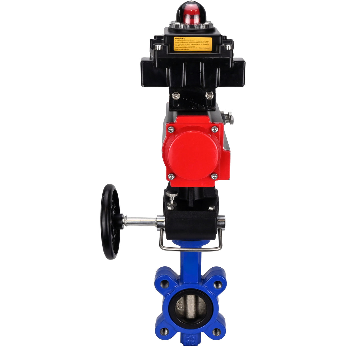 Vanne papillon d'eau Elephant WBV1616N-2W-Fb-H, matériau du corps - fonte QT450, matériau du disque - fonte QT450, joint - NBR, avec actionneur pneumatique double effet PA-DA, volant MON, BKV APL-410N EX