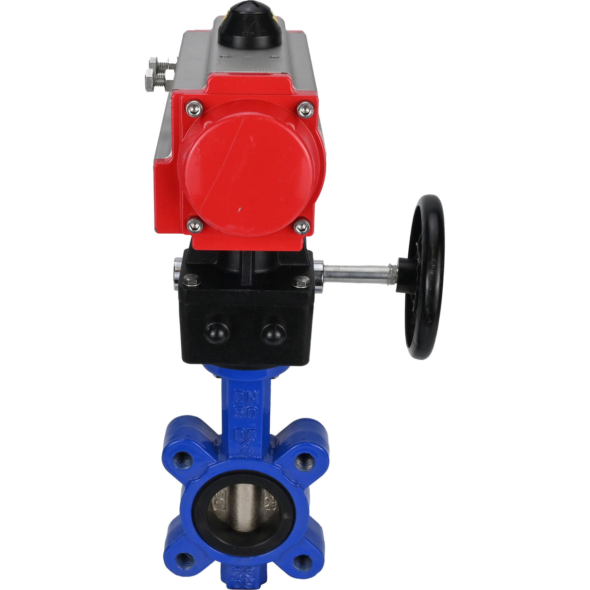 Vanne papillon d'eau Elephant WBV1616N-2W-Fb-H, matériau du corps - fonte QT450, matériau du disque - fonte QT450, joint - NBR, avec actionneur pneumatique double effet PA-DA, volant MON