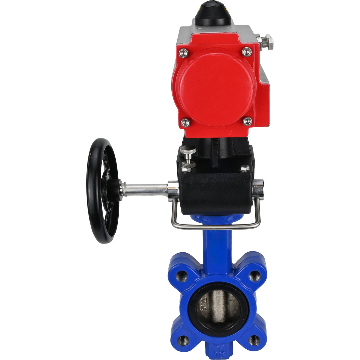 Vanne papillon d'eau Elephant WBV1616N-2W-Fb-H, matériau du corps - fonte QT450, matériau du disque - fonte QT450, joint - NBR, avec actionneur pneumatique double effet PA-DA, volant MON