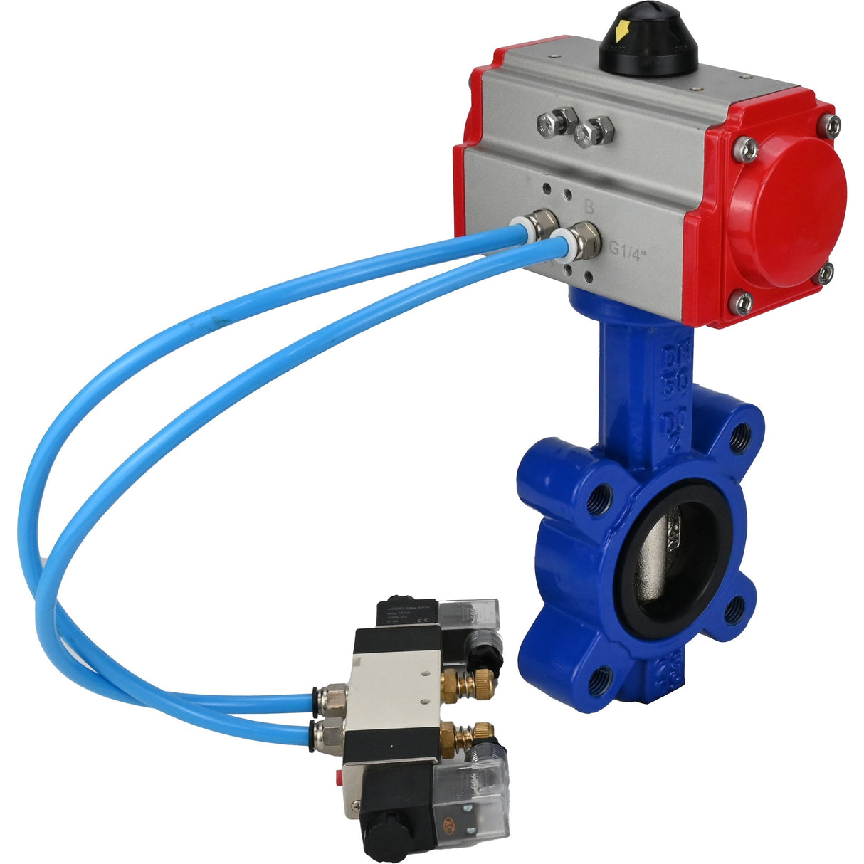 Vanne papillon d'eau Elephant WBV1616N-2W-Fb-H, matériau du corps - fonte QT450, matériau du disque - fonte QT450, joint - NBR, actionneur pneumatique PA-SA avec ressorts de rappel, 4V320-08 220V