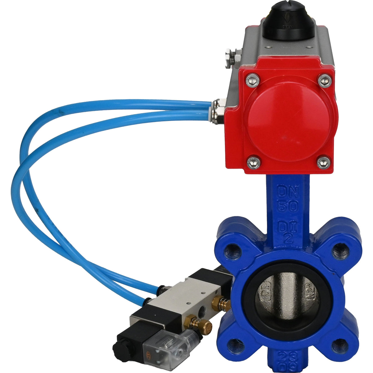 Vanne papillon d'eau Elephant WBV1616N-2W-Fb-H, matériau du corps - fonte QT450, matériau du disque - fonte QT450, joint - NBR, actionneur pneumatique PA-SA avec ressorts de rappel, 4V320-10 220V