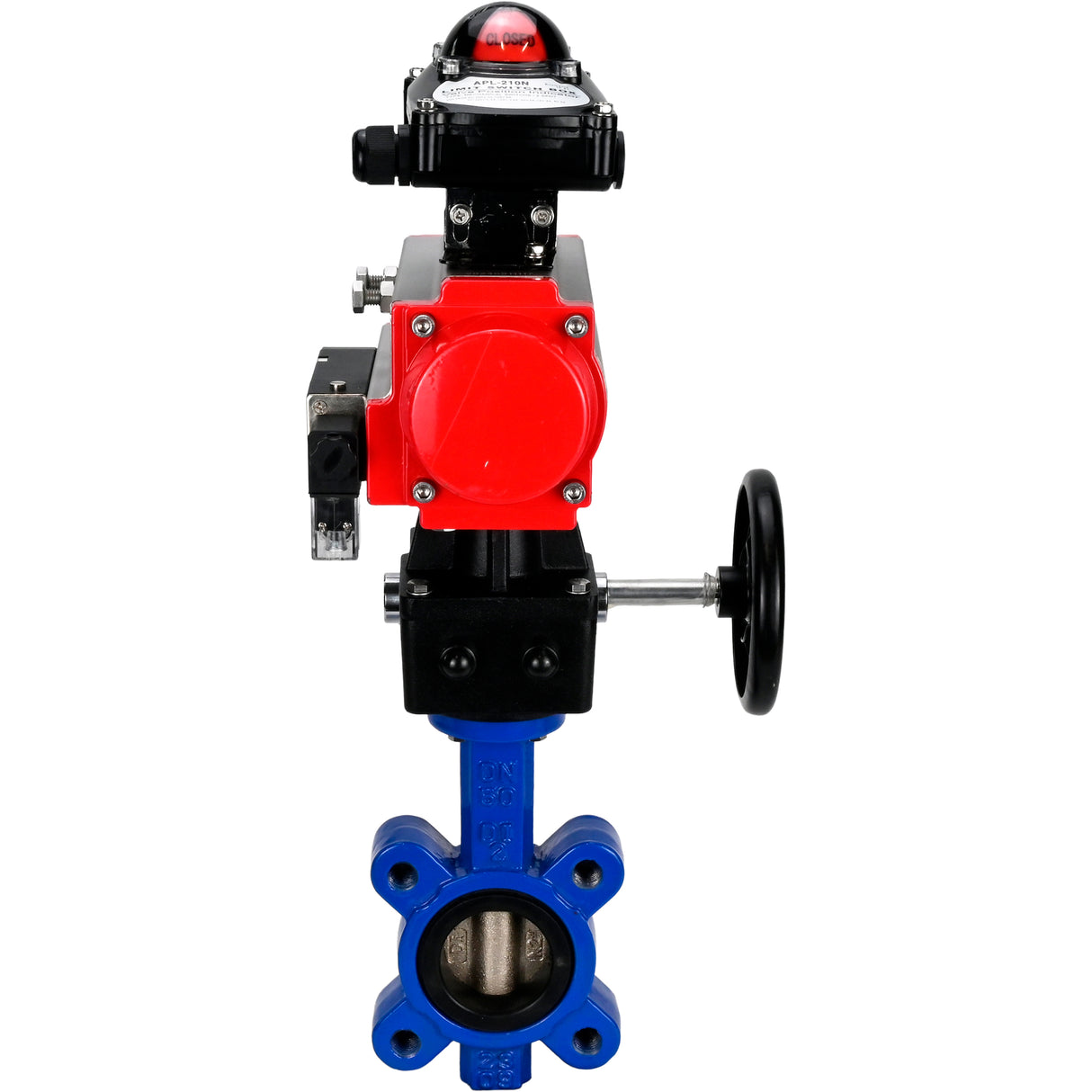 Vanne papillon d'eau Elephant WBV1616N-2W-Fb-H, matériau du corps - fonte QT450, matériau du disque - fonte QT450, joint - NBR, actionneur pneumatique PA-DA double action, 4M310-08 220V, BKV APL-210N, volant MON