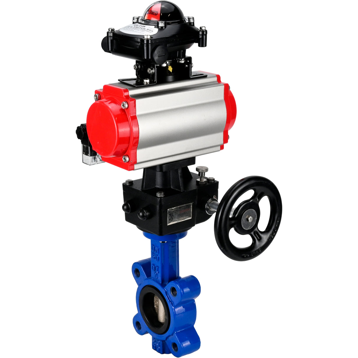 Vanne papillon d'eau Elephant WBV1616N-2W-Fb-H, matériau du corps - fonte QT450, matériau du disque - fonte QT450, joint - NBR, actionneur pneumatique PA-DA double action, 4M310-08 220V, BKV APL-210N, volant MON