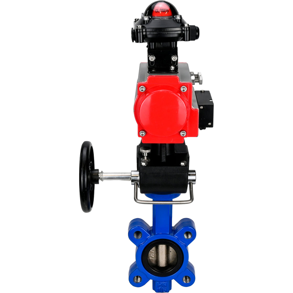Vanne papillon d'eau Elephant WBV1616N-2W-Fb-H, matériau du corps - fonte QT450, matériau du disque - fonte QT450, joint - NBR, actionneur pneumatique PA-DA double action, 4M310-08 220V, BKV APL-210N, volant MON