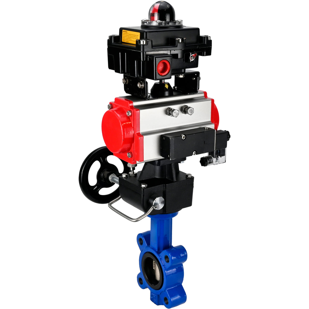 Vanne papillon d'eau Elephant WBV1616E-2W-Fb-H, matériau du corps - fonte QT450, matériau du disque - fonte QT450, joint - EPDM, actionneur pneumatique PA-DA double action, 4M310-08 220V, BKV APL-410N EX, volant MON
