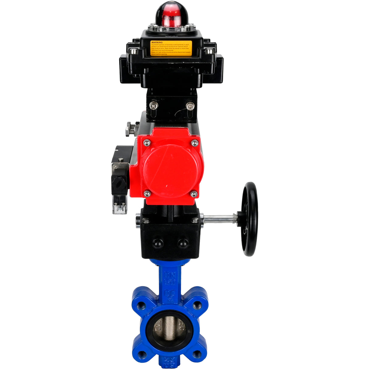 Vanne papillon d'eau Elephant WBV1616E-2W-Fb-H, matériau du corps - fonte QT450, matériau du disque - fonte QT450, joint - EPDM, actionneur pneumatique PA-DA double action, 4M310-08 220V, BKV APL-410N EX, volant MON
